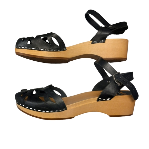 Swedish Hasbeens Shoes - Swedish Hasbeens Toffel Wooden Leather Sandals Womens 41 Ankle Strap Black Clog